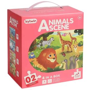 Animals Scene Jigsaw Puzzle Box | 4 Animal Puzzles with 57 Thick, Cardboard Pieces and Safe, Smooth Edges | Educational Activity Kit & Learning Gifts for Girls, Boys, Toddlers Age 3 years and above